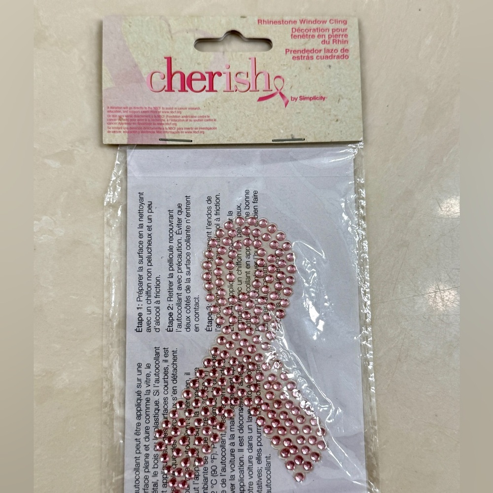 Rhinestone Window Cling Decal Pink Ribbon Cherish Breast Cancer